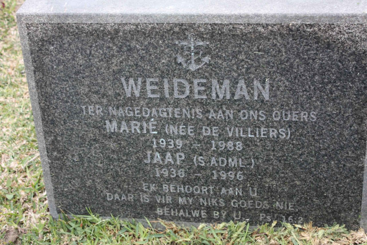 WEIDEMAN Jaap 1936-1996 &amp; Marie DE VILLIERS 1939-1988