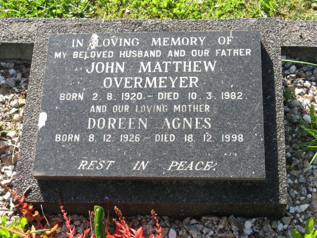 OVERMEYER John Matthew 1920-1982 &amp; Doreen Agnes 1926-1998