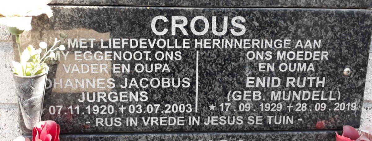 CROUS Johannes Jacobus Jurgens 1920-2003 &amp; Enid Ruth MUNDELL 1929-2019