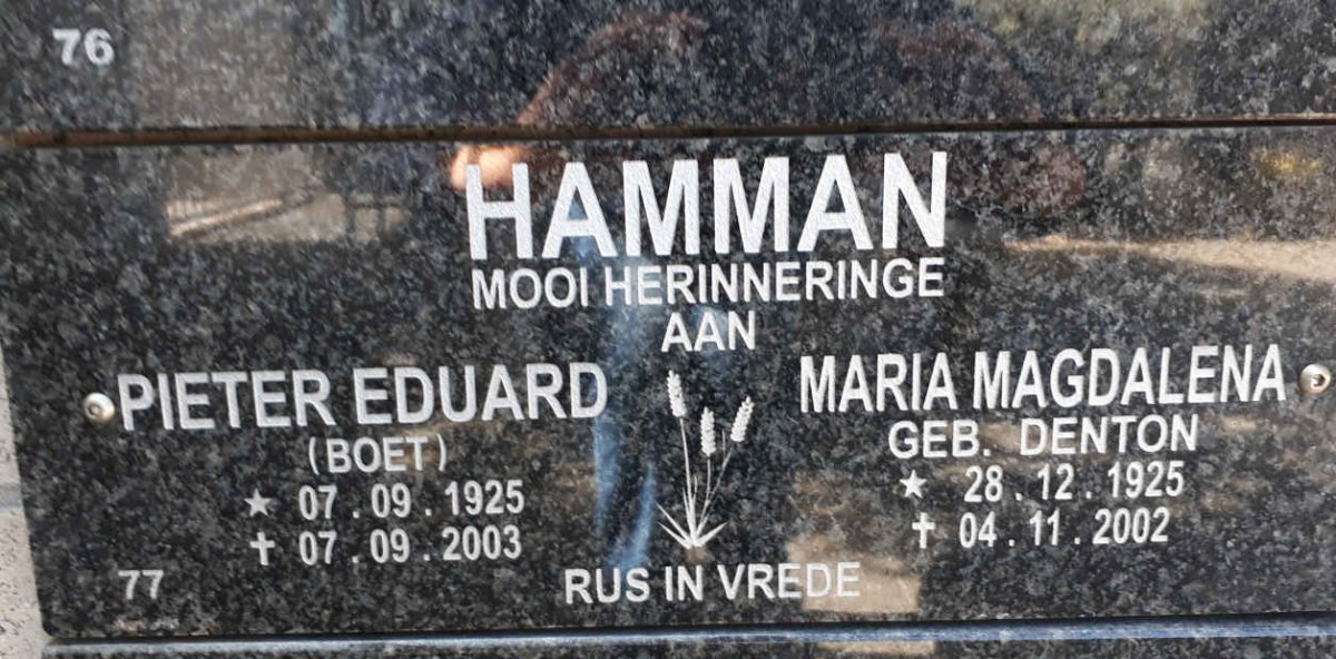HAMMAN Pieter Eduard 1925-2003 &amp; Maria Magdalena DENTON 1925-2002