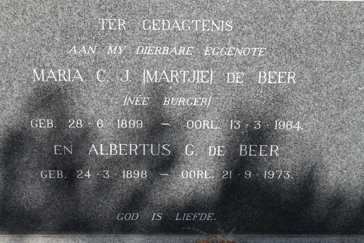 BEER Albertus G., de 1898-1973 &amp; Maria C.J. BURGER 1899-1964
