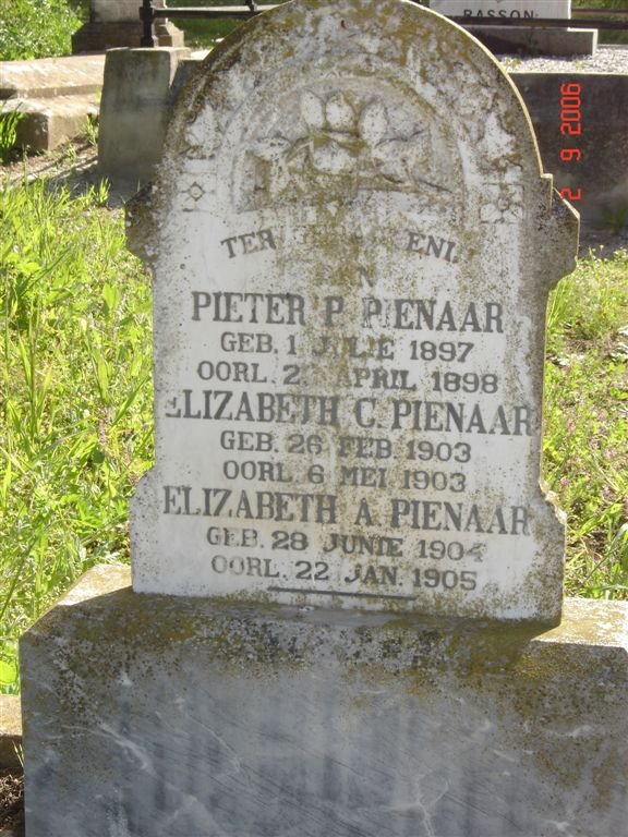 PIENAAR Pieter P. 1897-1898 :: PIENAAR Elizabeth C. 1903-1903 :: PIENAAR Elizabeth A. 1904-1905