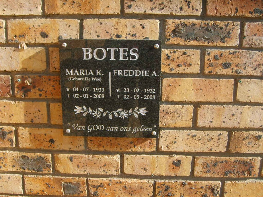 BOTES Freddie A. 1932-2008 &amp; Maria K. DE WEE 1933-2008