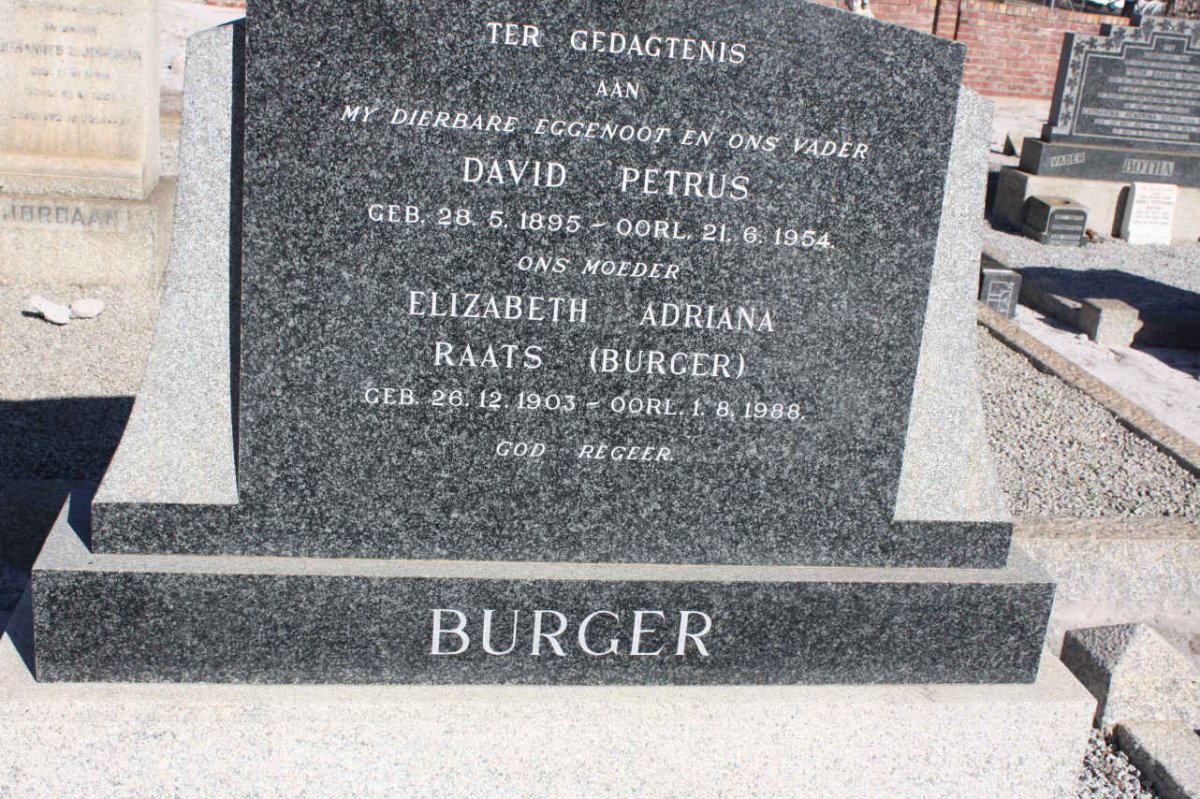 BURGER David Petrus 1895-1954 &amp; Elizabeth Adriana Raats BURGER 1903-1988