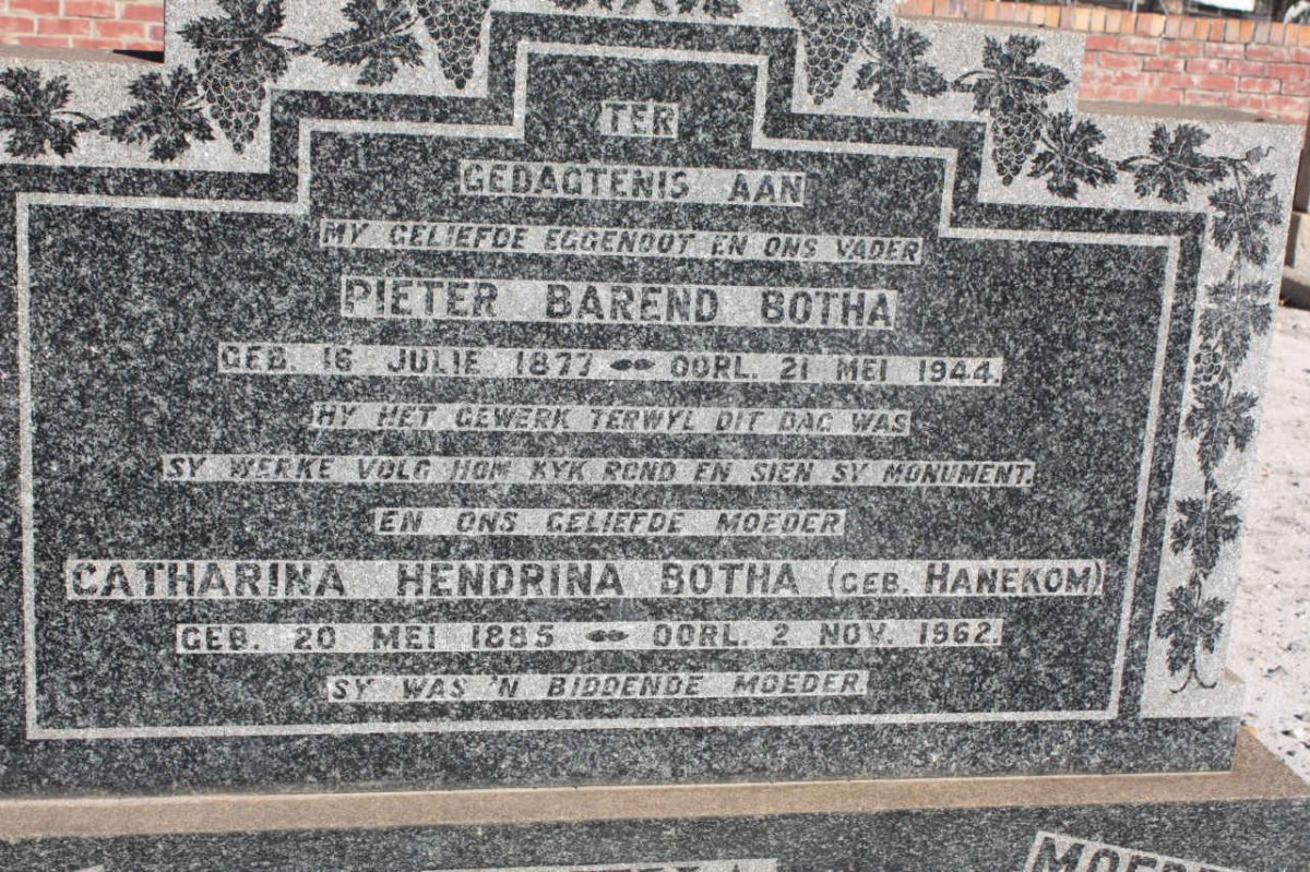 BOTHA Pieter Barend 1877-1944 &amp; Catharina Hendrina HANEKOM 1885-1962