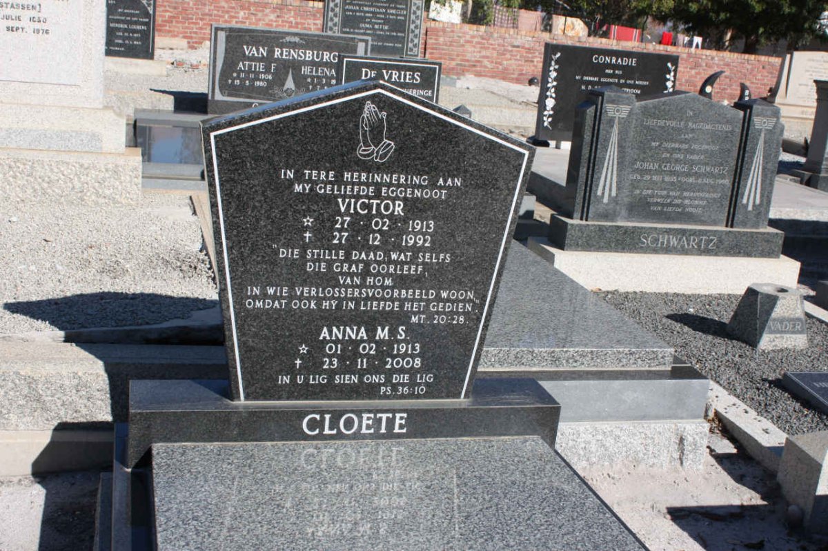 CLOETE Victor 1913-1992 &amp; Anna M.S. 1913-2008