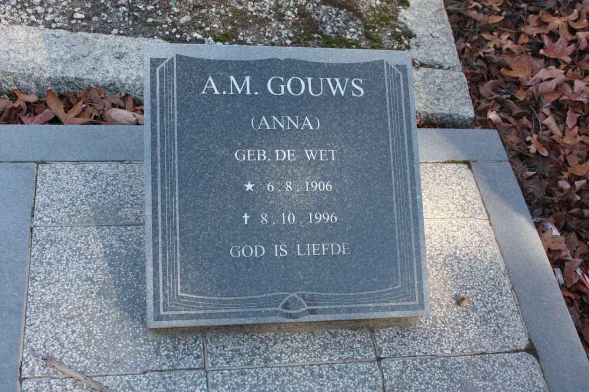 GOUWS A.M. nee DE WET 1906-1996