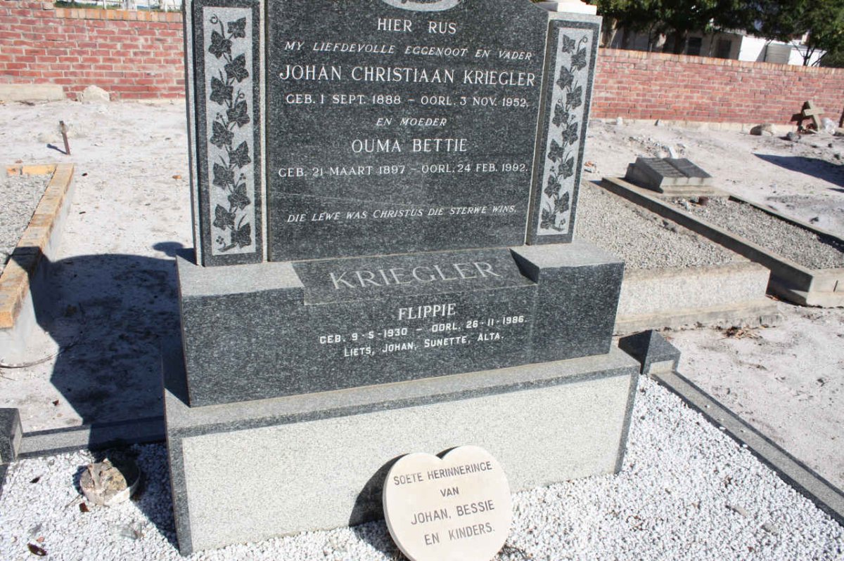KRIEGLER Johan Christiaan 1888-1952 &amp; Bettie 1897-1992 :: KRIEGLER Flippie 1930-1986