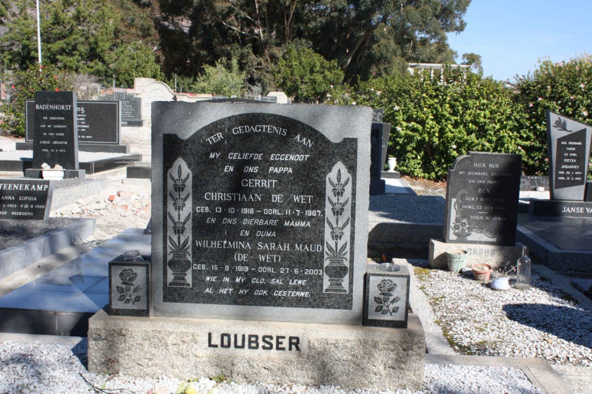 LOUBSER Gerrit Christiaan De Wet 1916-1967 &amp; Wilhelmina Sarah Maud DE WET 1919-2003