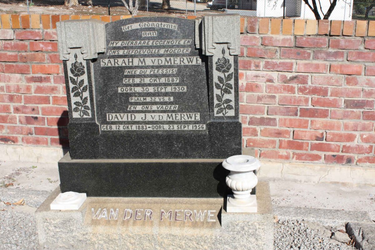 MERWE David J., v.d 1883-1956 &amp; Sarah M. DU PLESSIS 1887-1930