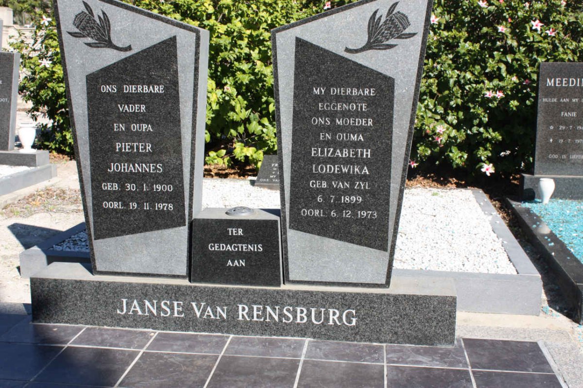 RENSBURG Pieter Johannes, janse van 1900-1978 &amp; Elizabeth Lodewika VAN ZYL 1899-1973