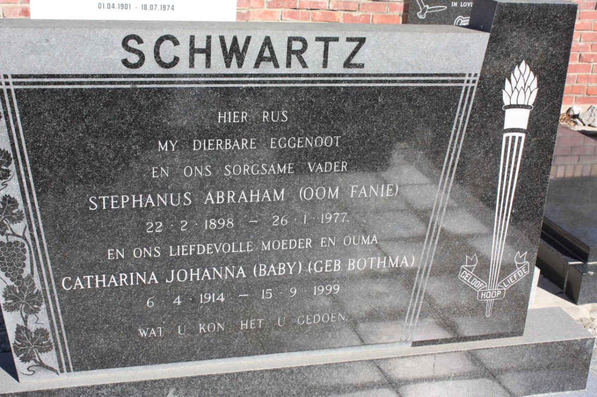 SCHWARTZ Stephanus Abraham 1898-1977 &amp; Catharina Johanna BOTHMA 1914-1999
