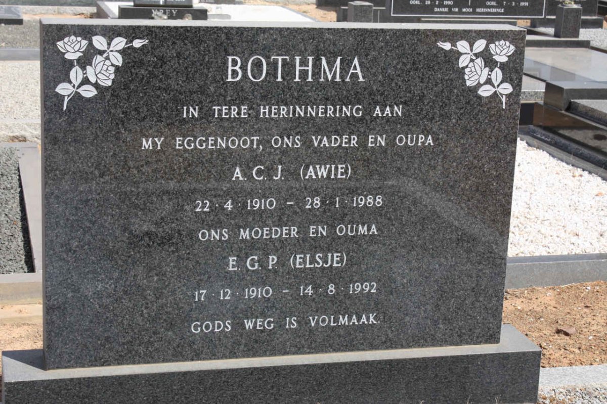 BOTHMA A.C.J. 1910-1988 &amp; E.G.P. 1910-1992
