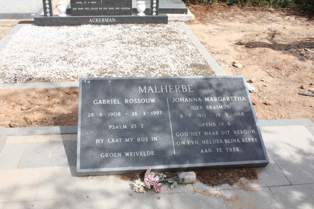 MALHERBE Gabriel Rossouw 1908-1997 &amp; Johanna Margaretha ERASMUS 1988-