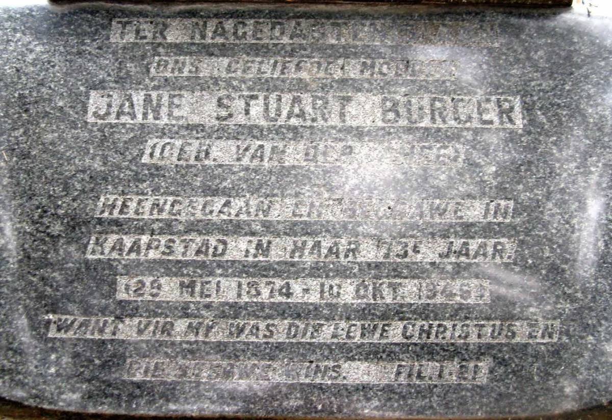BURGER Jane Stuart nee VAN DER AHEE 1874-1946
