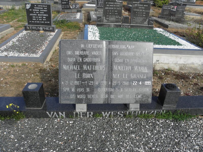 WESTHUIZEN Michael Mattheus Le Roux, van der 1907-1998 &amp; Martha Maria LE GRANGE 1908-1999