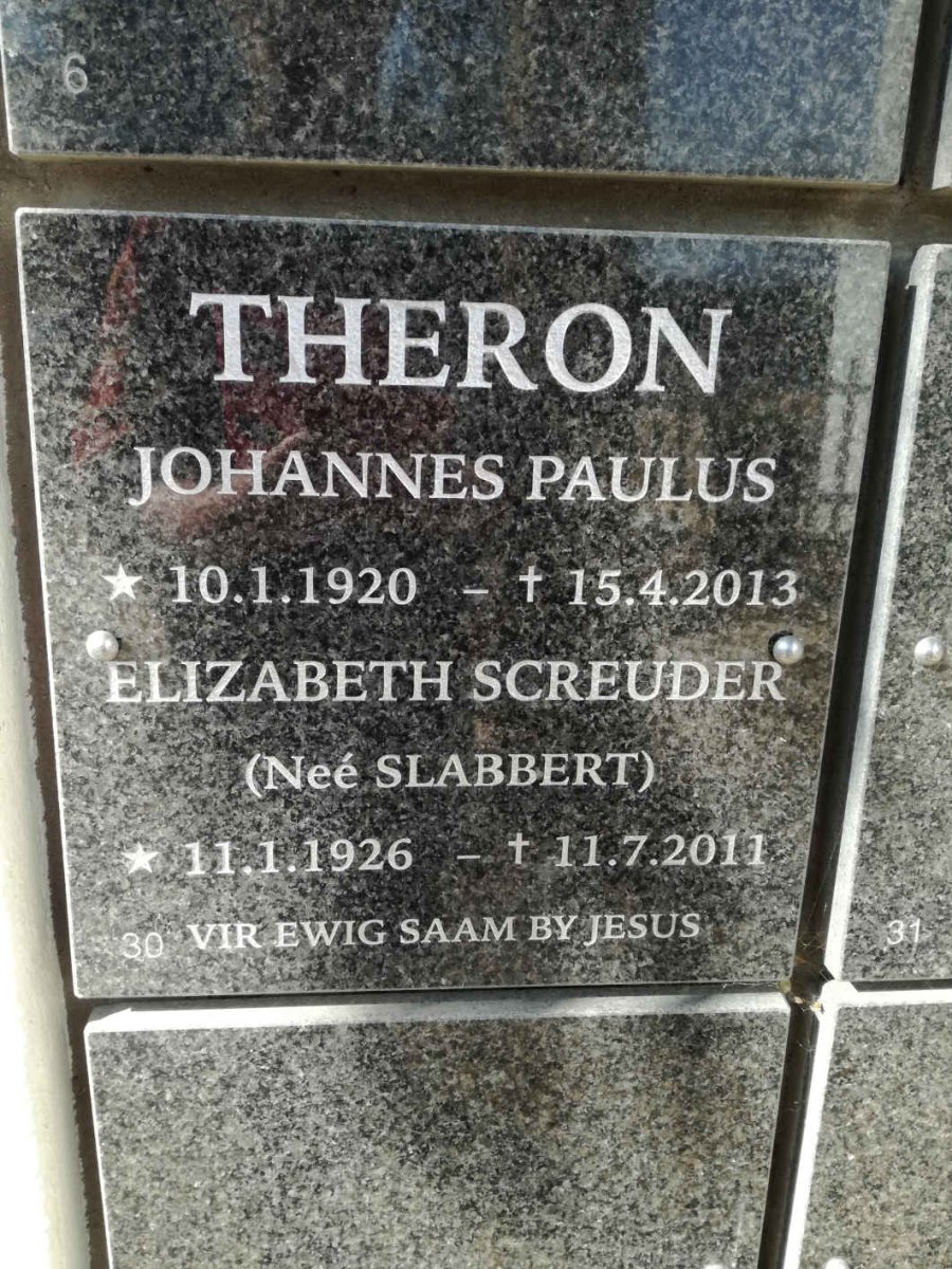 THERON Johannes Paulus 1920-2013 &amp; Elizabeth Schreuder SLABBERT 1926-2011