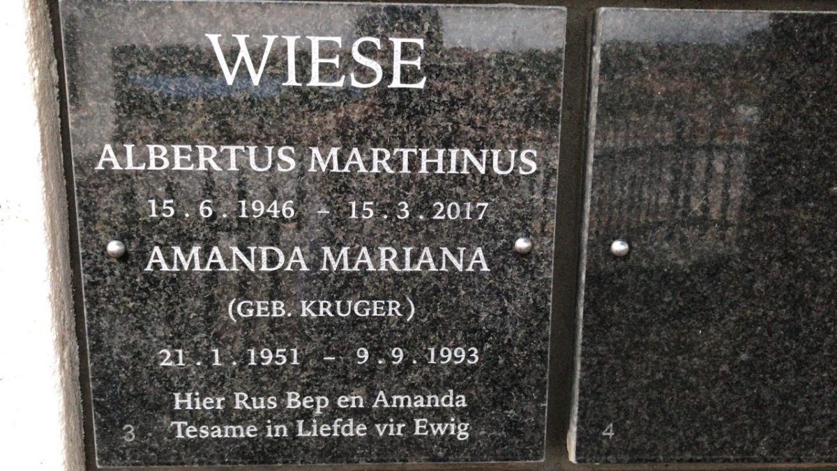 WIESE Albertus Marthinus 1946-2017 &amp; Amanda Mariana KRUGER 1951-1993