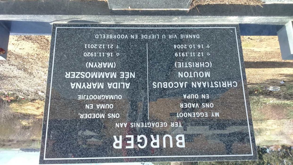 BURGER Christiaan Jacobus Mouton 1919-2004 &amp; Alida Maryna MAMMOSZER 1920-2011