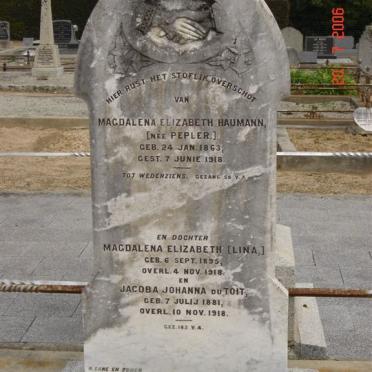 HAUMANN Magdalena Elizabeth nee PEPLER 1863-1918 :: HAUMANN Magdalena Elizabeth 1895-1918 ::  DU TOIT Jacoba Johanna 1881-1918