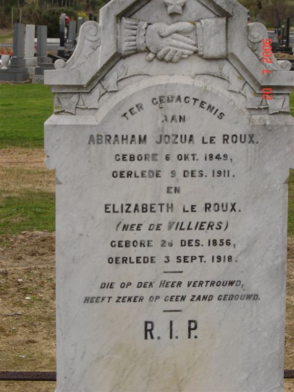ROUX Abraham Jozua, le  1849-1911 &amp;  Elizabeth DE VILLIERS 1856-1918