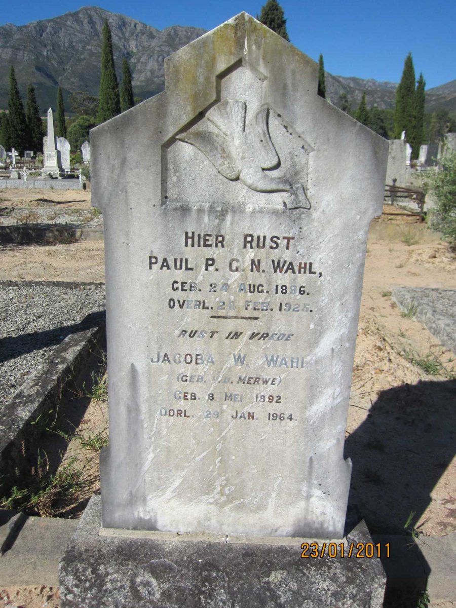 WAHL Paul P.C.N. 1886-1925 &amp; Jacoba W. V.D. MERWE 1892-1964