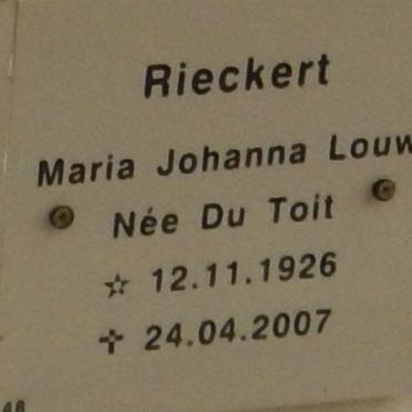 RIECKERT Maria Johanna Louw nee DU TOIT 1926-2007