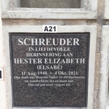 SCHREUDER Hester Elizabeth 1940-2021