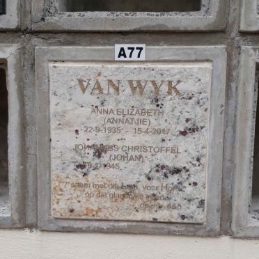WYK Johannes Christoffel, van 1945-  &amp; Anna Elizabeth 1935-2017