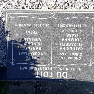 TOIT Barend Hendrik Adriaan, du 1940-2019 &amp; Catherina Elizabeth Johanna VISSER 1941-2013