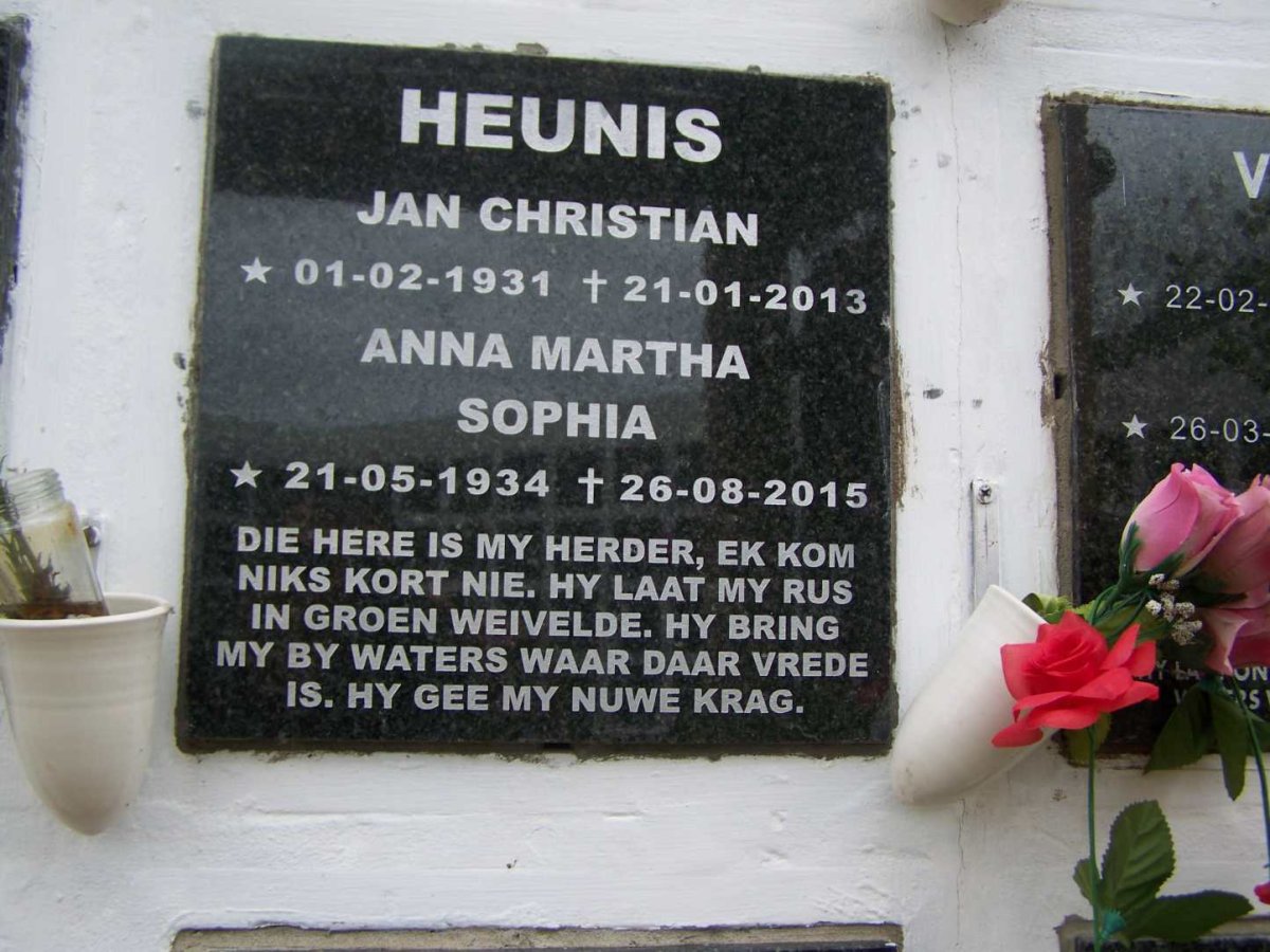 HEUNIS Jan Christian 1931-2013 &amp; Anna Maria Sophia 1934-2015