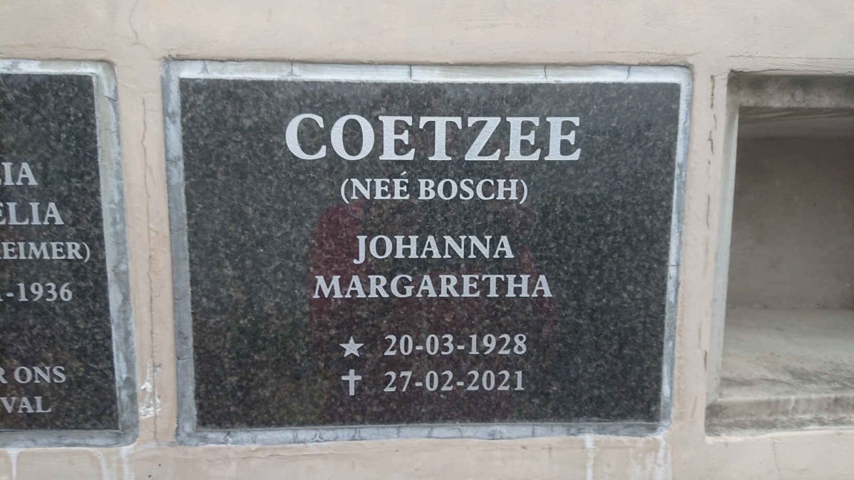 COETZEE Johanna Margaretha nee BOSCH 1928-2021