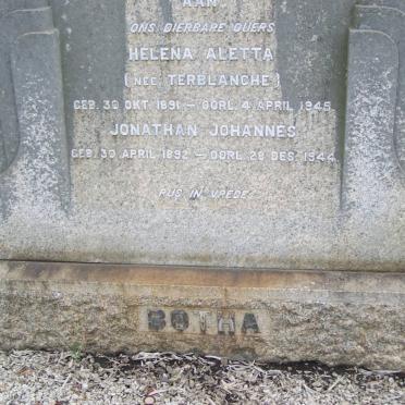 BOTHA Jonathan Johannes 1892-1944 &amp; Helena Aletta TERBLANCHE 1891-1945