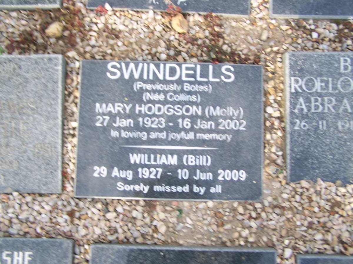 SWINDELLS William 1927-2009 &amp; Mary Hodgson, formerly BOTES nee COLLINS 1923-2002