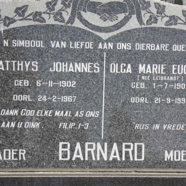 BARNARD Matthys Johannes 1902-1967 &amp; Olga Marie Euguene LIEBRANDT 1907-1995