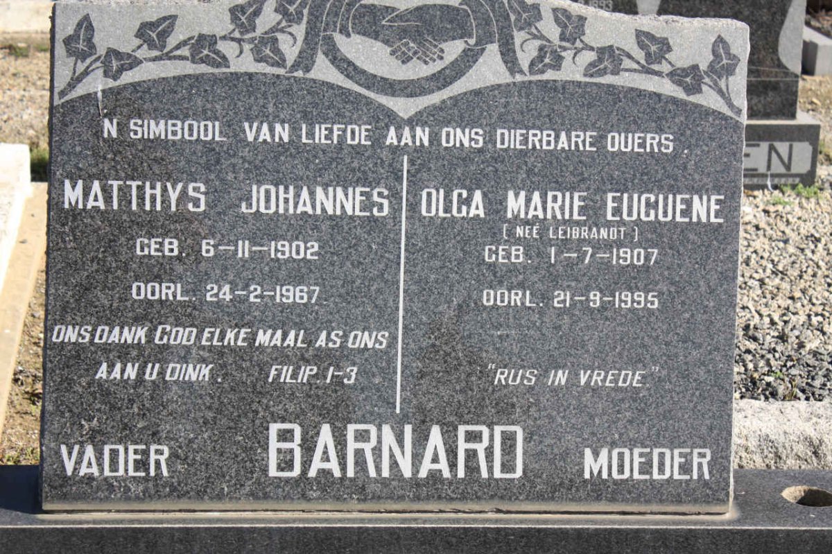 BARNARD Matthys Johannes 1902-1967 &amp; Olga Marie Euguene LIEBRANDT 1907-1995