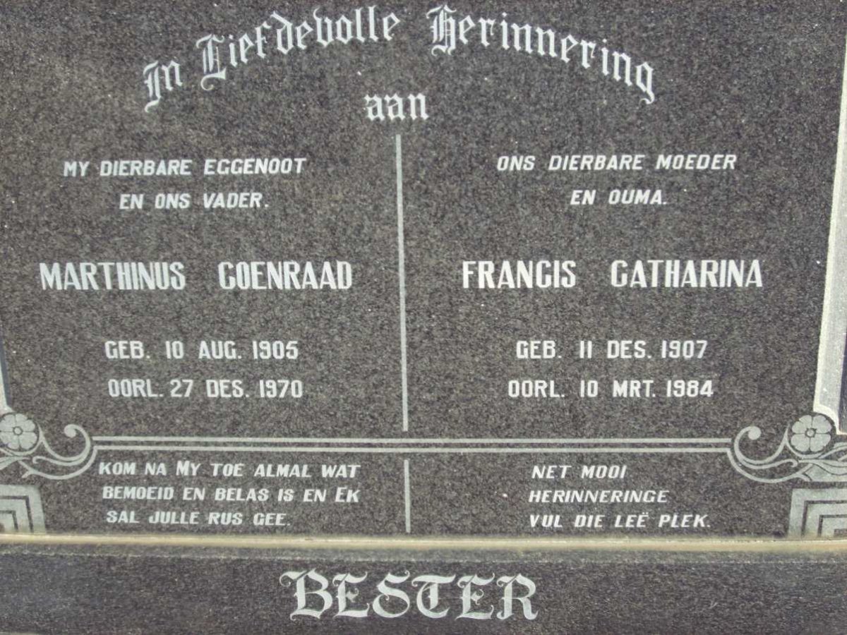 BESTER Marthinus Coenraad 1905-1970 &amp; Francis Catharina 1907-1984