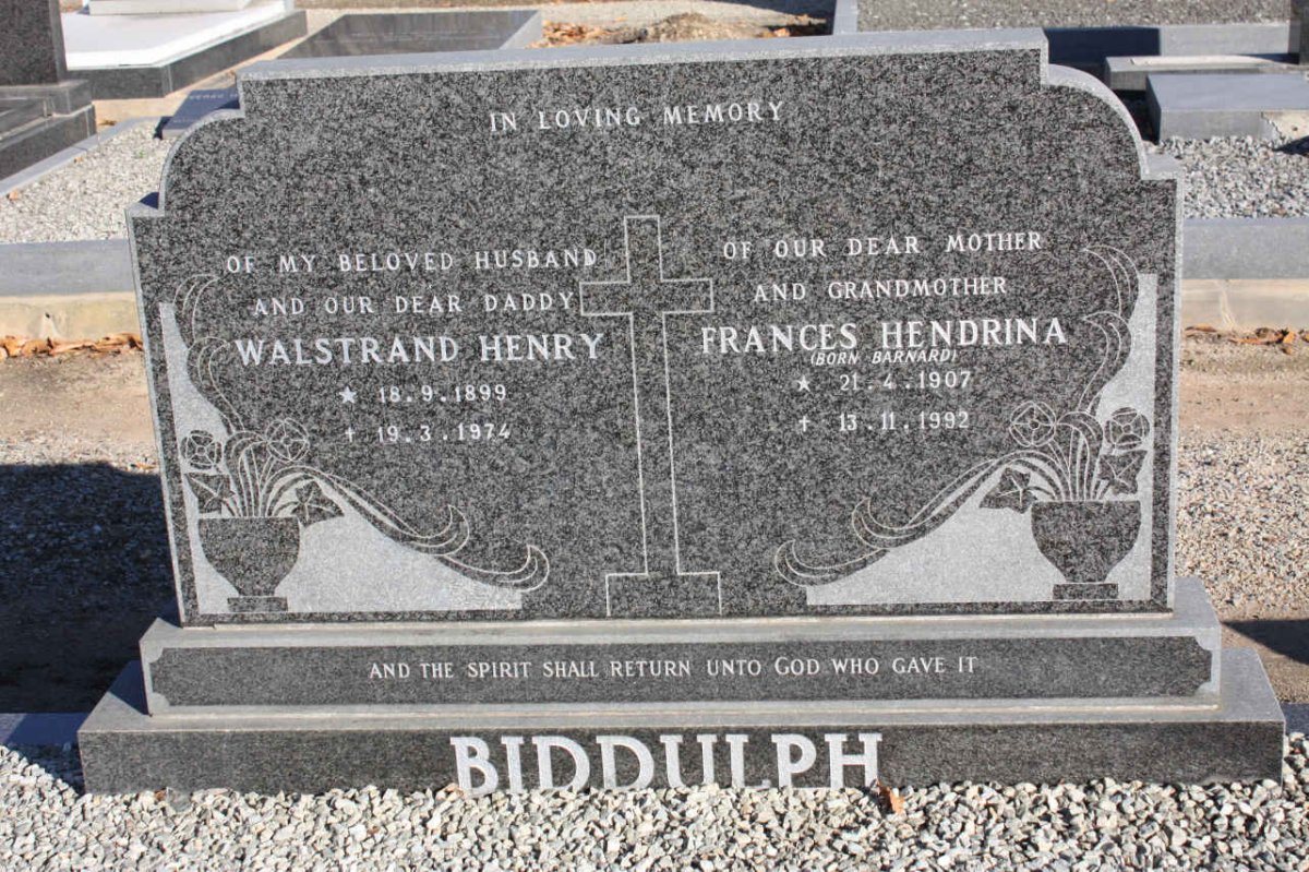 BIDDULPH Walstrand Henry 1899-1974 &amp; Frances Hendrina BARNARD 1907-1992