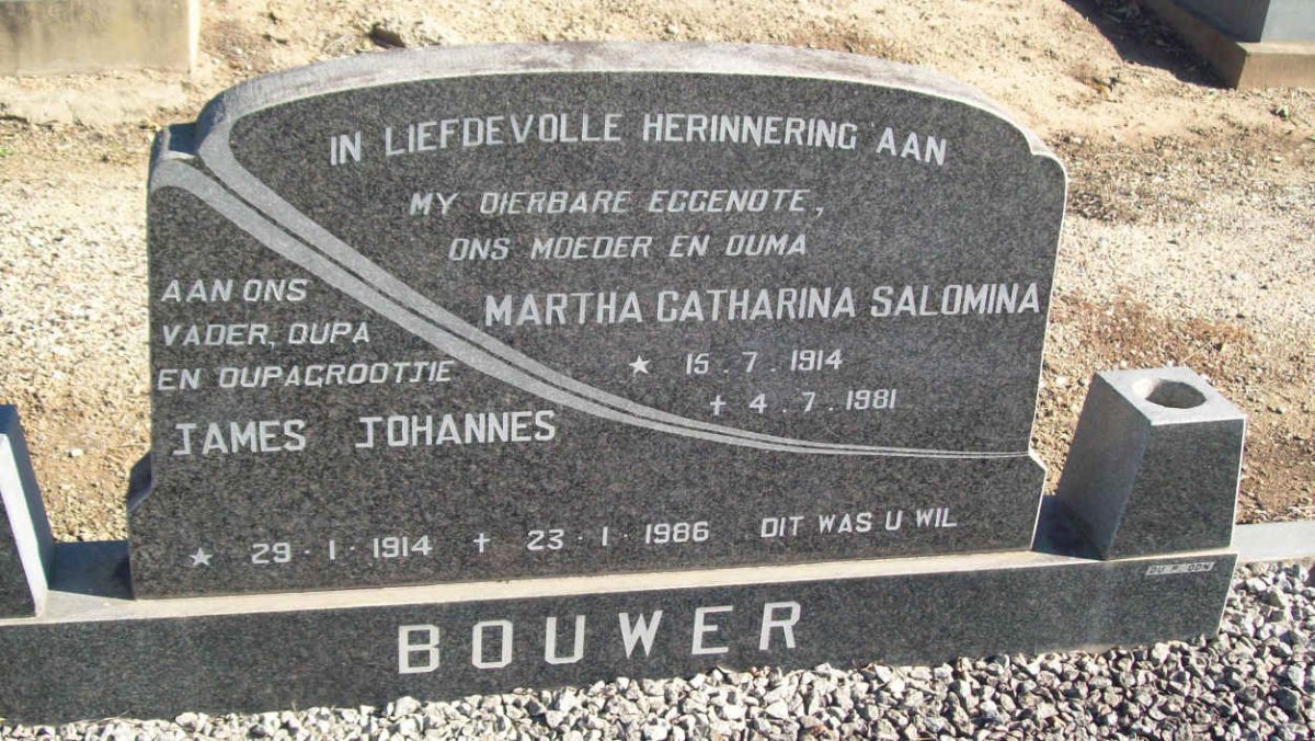 BOUWER James Johannes 1914-1986 &amp; Martha Catharina Salomina 1914-1981