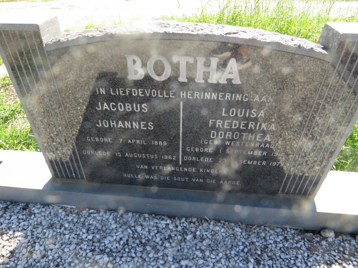 BOTHA Jacobus Johannes 1889-1962 & Louisa Frederika Dorothea WESTENRAAD 1910-1979