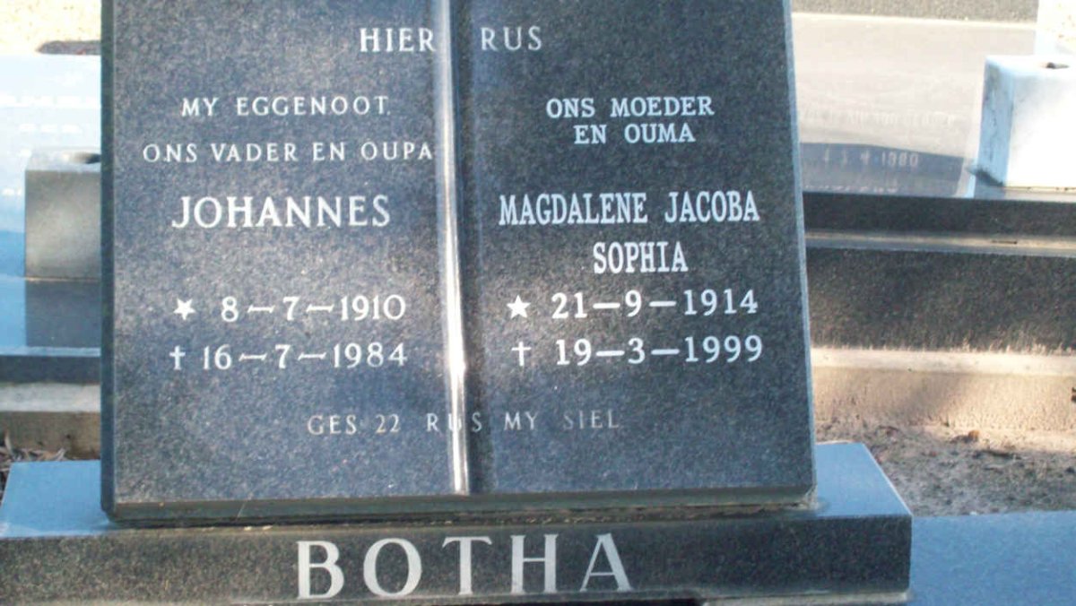 BOTHA Johannes 1910-1984 &amp; Magdalene Jacoba Sophia 1914-1999