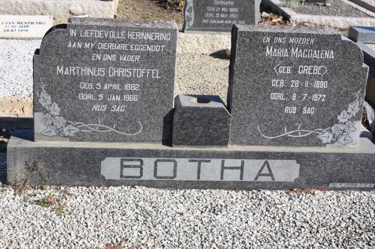 BOTHA Marthinus Christoffel 1882-1966 &amp; Maria Magdalena GREBE 1890-1972