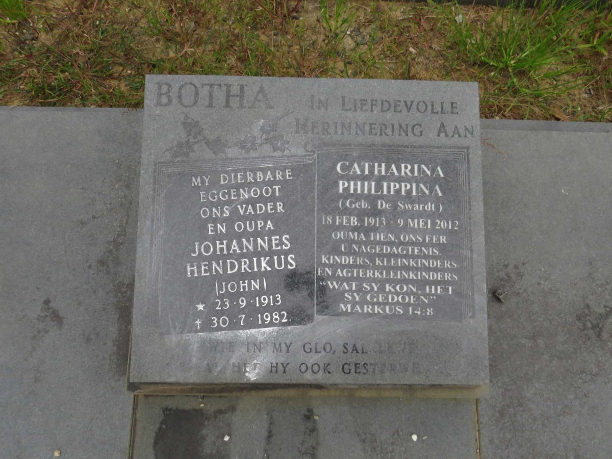 BOTHA Johannes Hendrikus 1913-1982 &amp; Catharina Philippina DE SWARDT 1913-2012