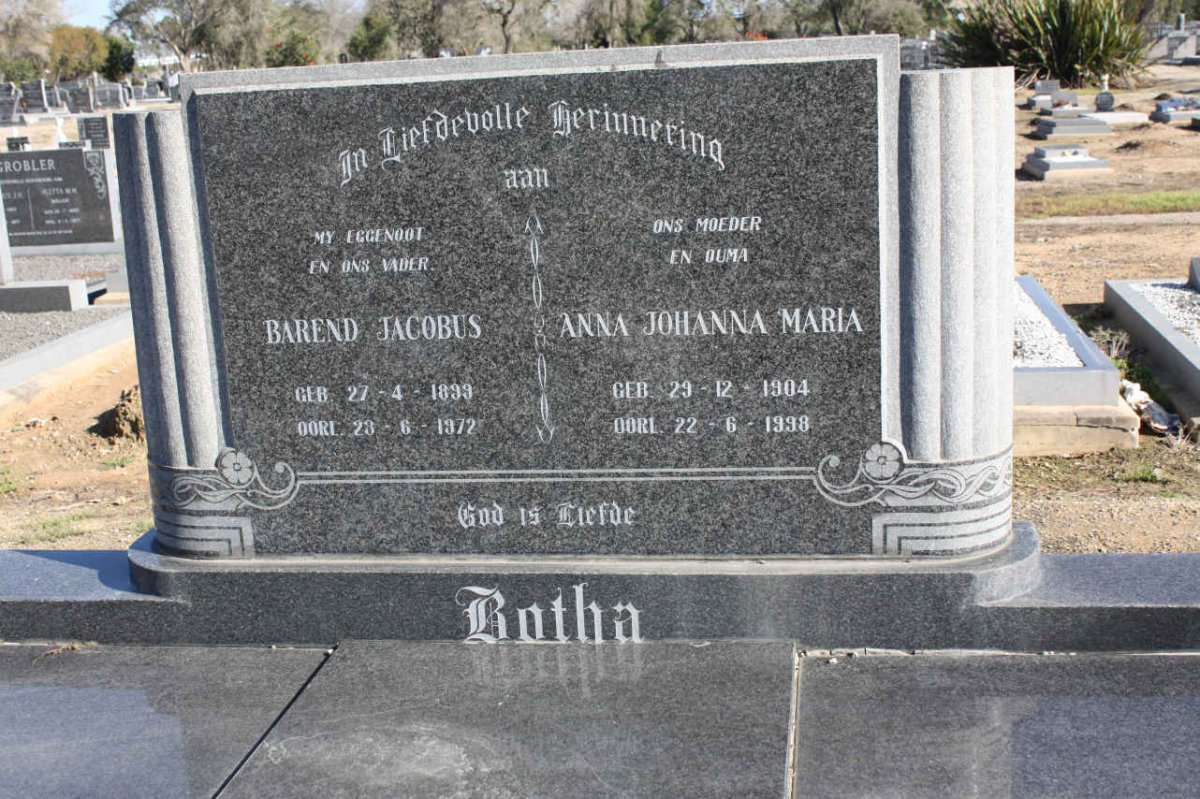 BOTHA Barend Jacobus 1899-1972 &amp; Anna Johanna Maria 1904-1998