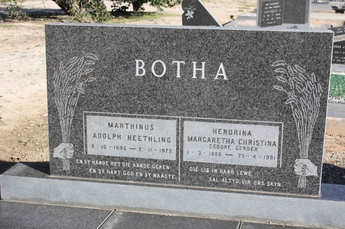BOTHA Marthinus Adolph Neethling 1890-1975 &amp; Hendrina Margaretha Christina GERBER 1886-1981