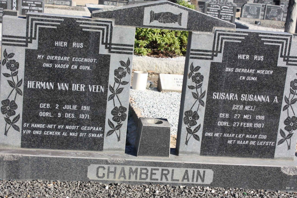CHAMBERLAIN Herman van der Veen 1911-1971 &amp; Susara Susanna A. NEL 1916-1987