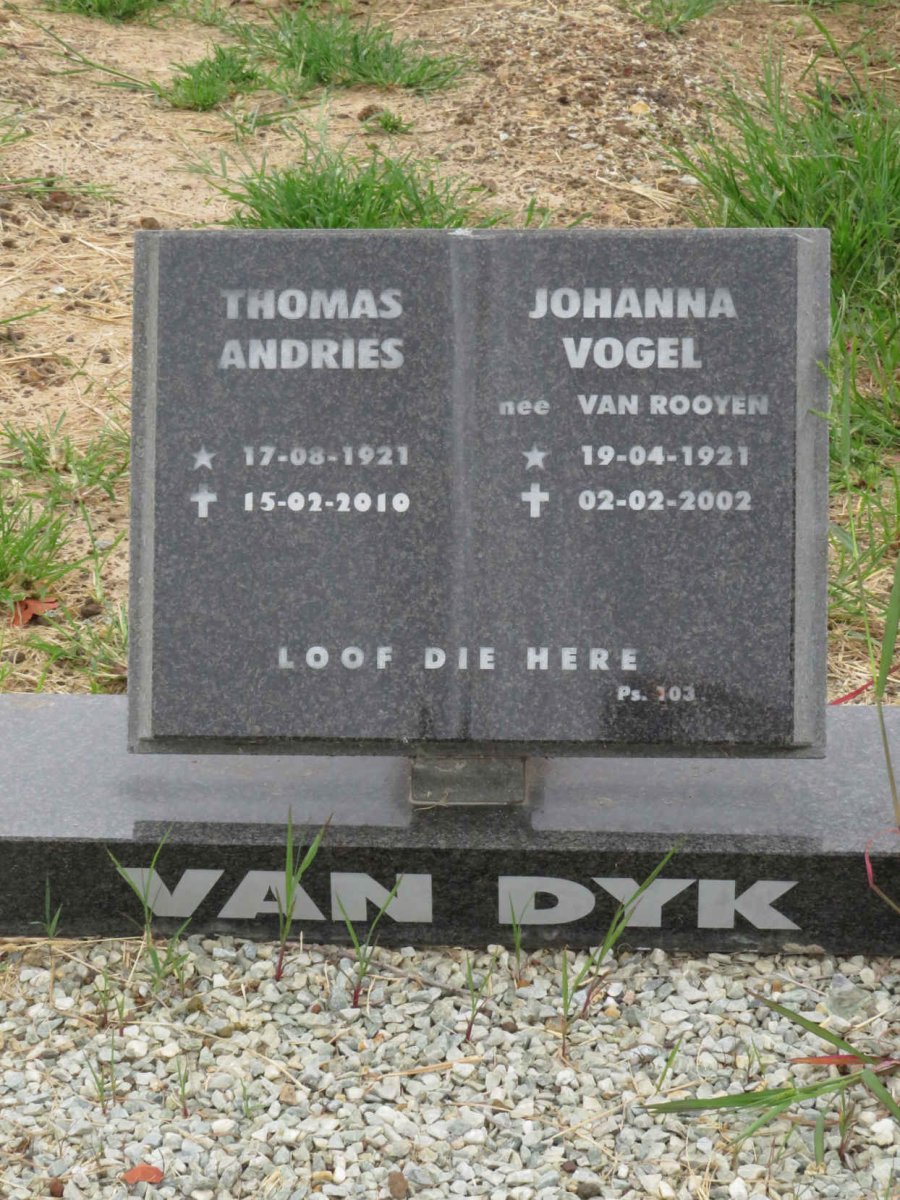 DYK Thomas Andries, van 1921-2010 & Johanna Vogel VAN ROOYEN 1921-2002
