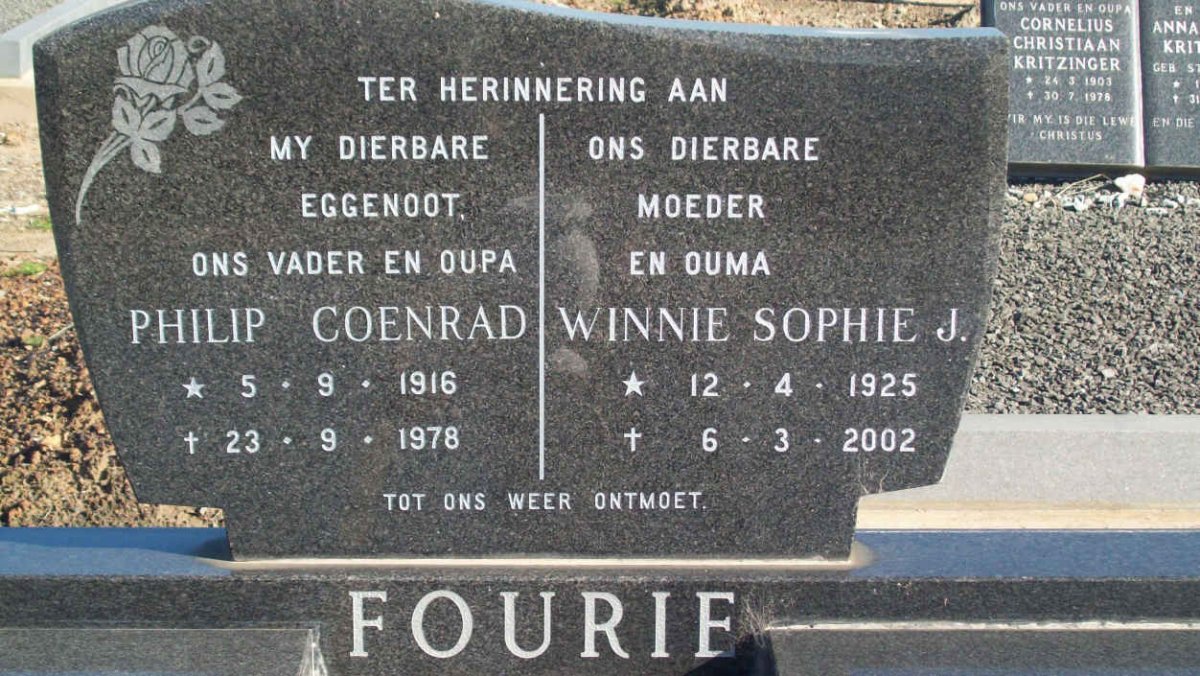 FOURIE Philip Coenrad 1916-1978 &amp; Winnie Sophie J. 1925-2002