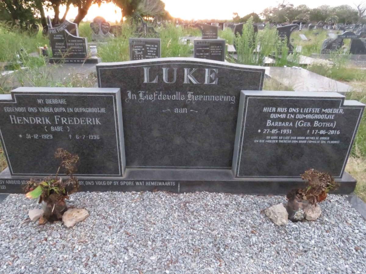 LUKE Hendrik Frederik 1929-1996 &amp; Barbara BOTHA 1931-2016