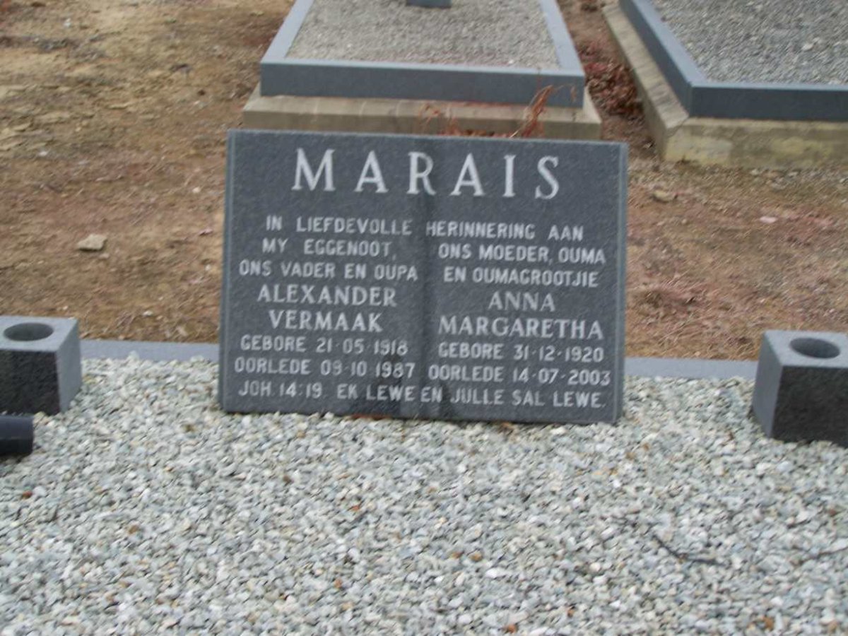 MARAIS Alexander Vermaak 1918-1987 &amp; Anna Margaretha 1920-2003